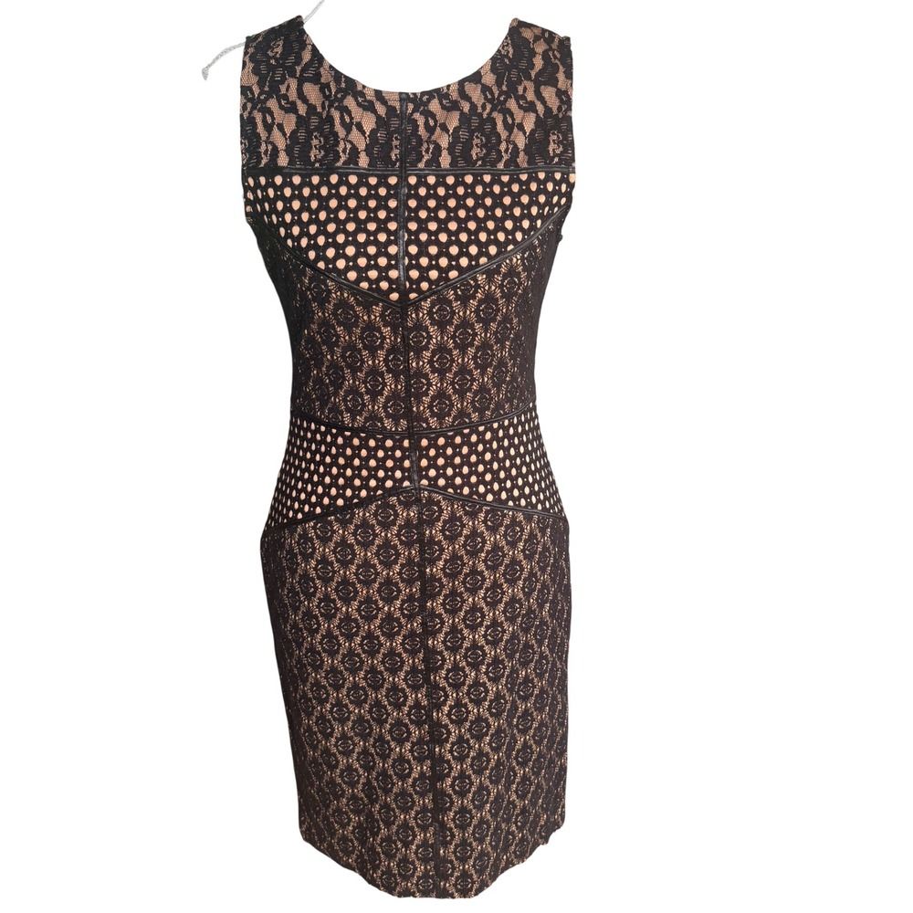 Forever 21 Contemporary Black Lace Nude Sheath Dress Faux Leather Trim XS